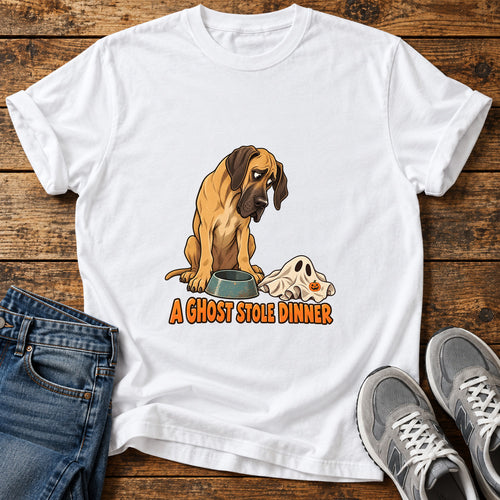 A Ghost Dinner Great Dane graphic T-shirt in White, shown on a flat-lay shirt mockup