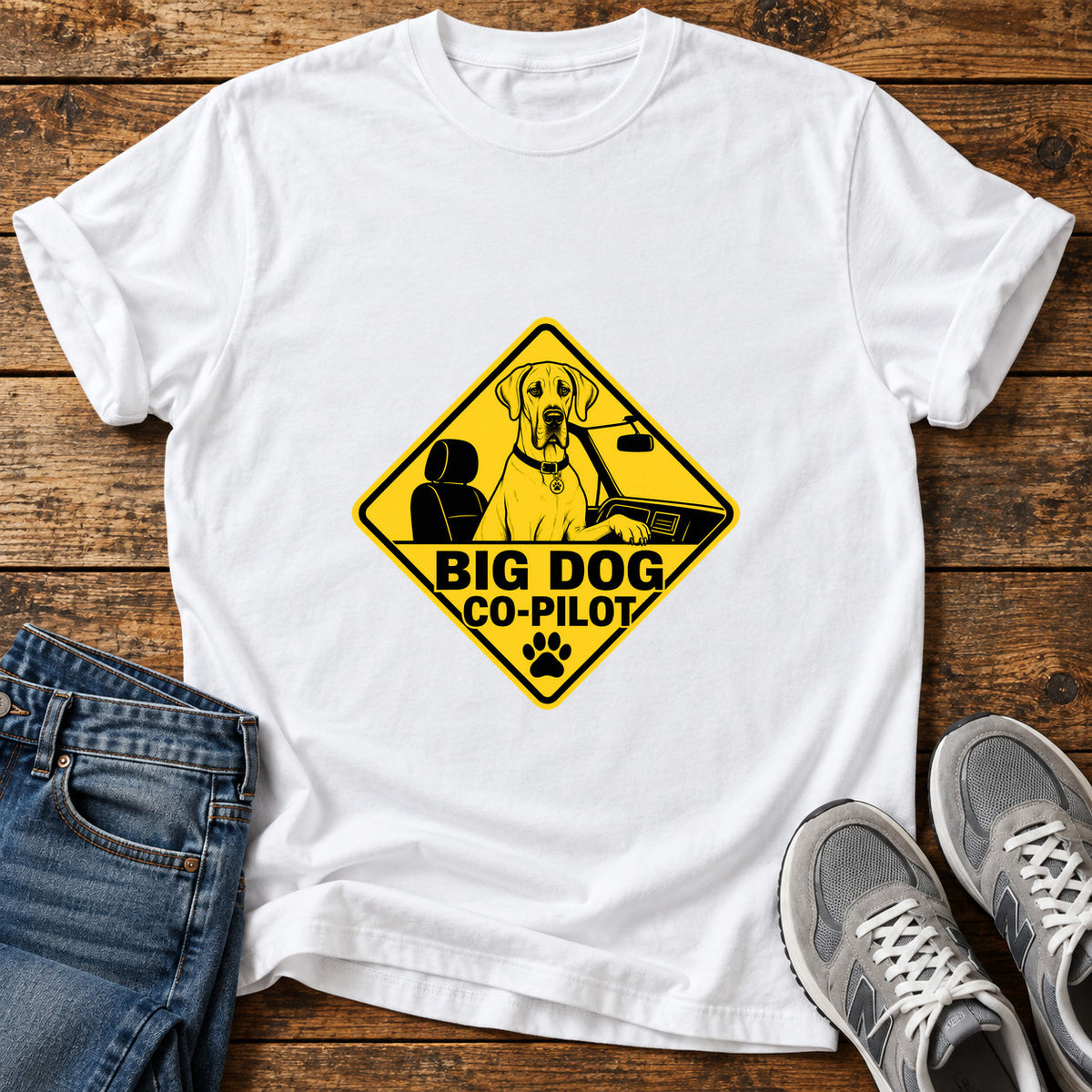 Big Dog Co-Pilot Great Dane graphic T-shirt in White, shown on a flat-lay shirt mockup