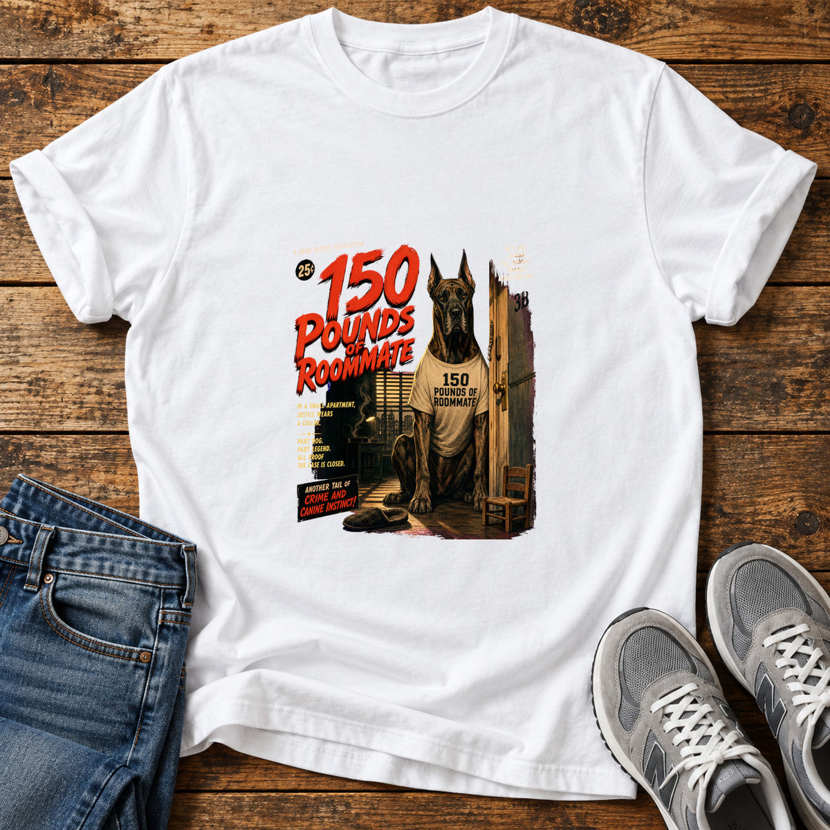 150 Pounds Roommate Great Dane graphic T-shirt in White, shown on a flat-lay shirt mockup