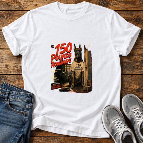 150 Pounds Roommate Great Dane graphic T-shirt in White, shown on a flat-lay shirt mockup