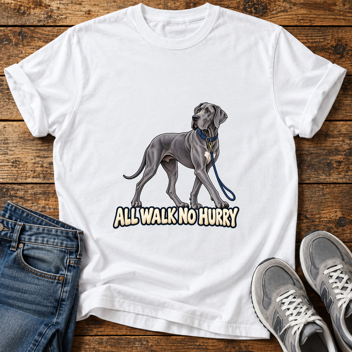 All Walk Great Dane graphic T-shirt in White, shown on a flat-lay shirt mockup