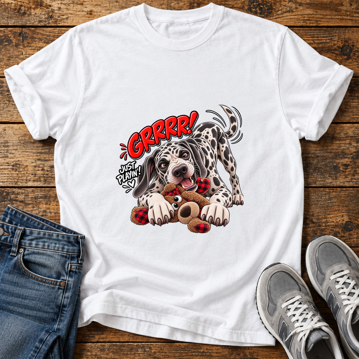 Grrr Just Playin Great Dane graphic T-shirt in White, shown on a flat-lay shirt mockup
