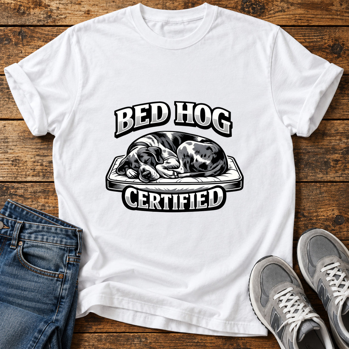 Bed Hog Certified Great Dane graphic T-shirt in White, shown on a flat-lay shirt mockup