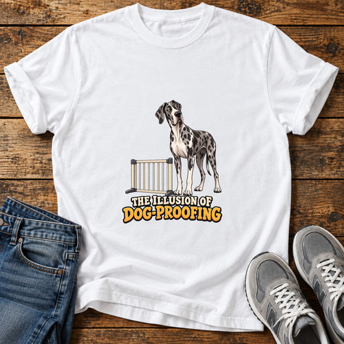 Dog Proofing Illusion Great Dane graphic T-shirt in White, shown on a flat-lay shirt mockup
