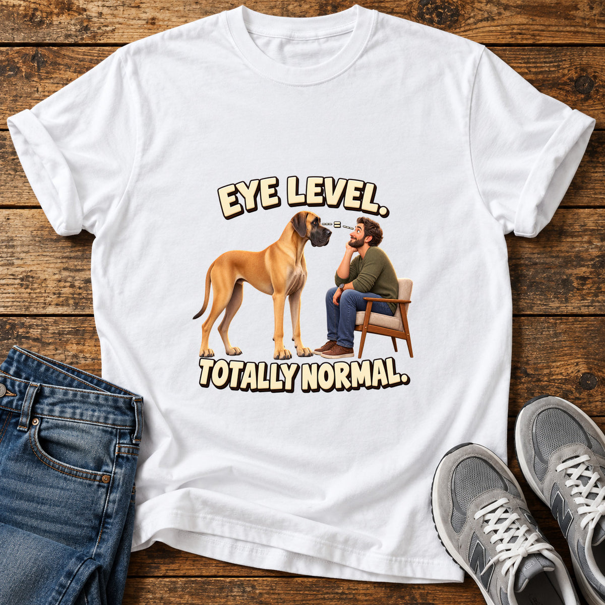 Eye Level Normal Great Dane graphic T-shirt in White, shown on a flat-lay shirt mockup