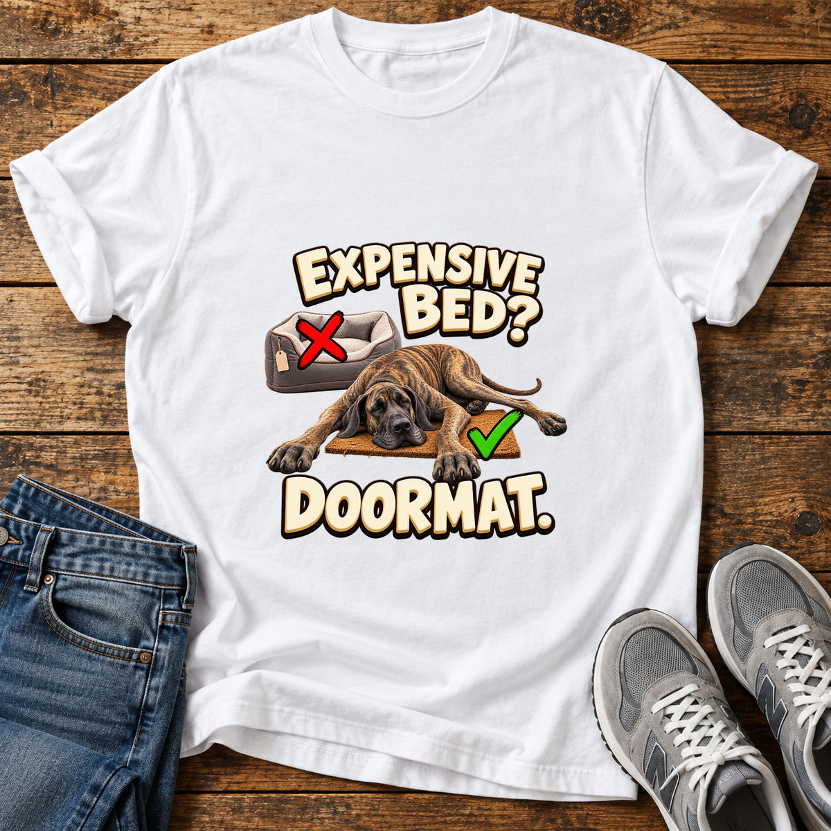 Expensive Bed Doormat Great Dane graphic T-shirt in White, shown on a flat-lay shirt mockup