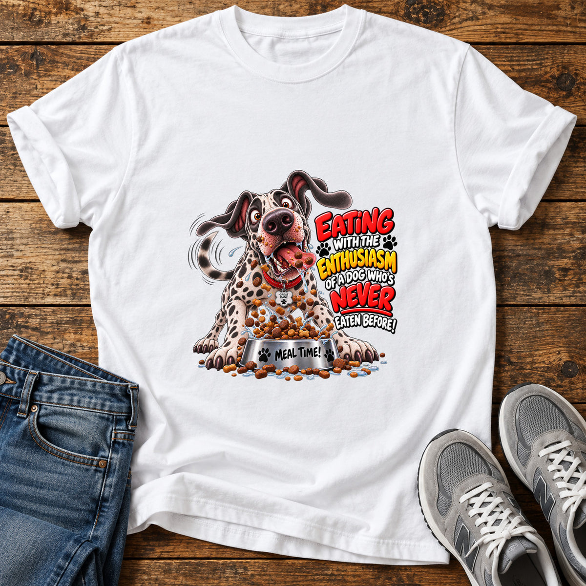 Eating Enthusiasm Great Dane graphic T-shirt in White, shown on a flat-lay shirt mockup