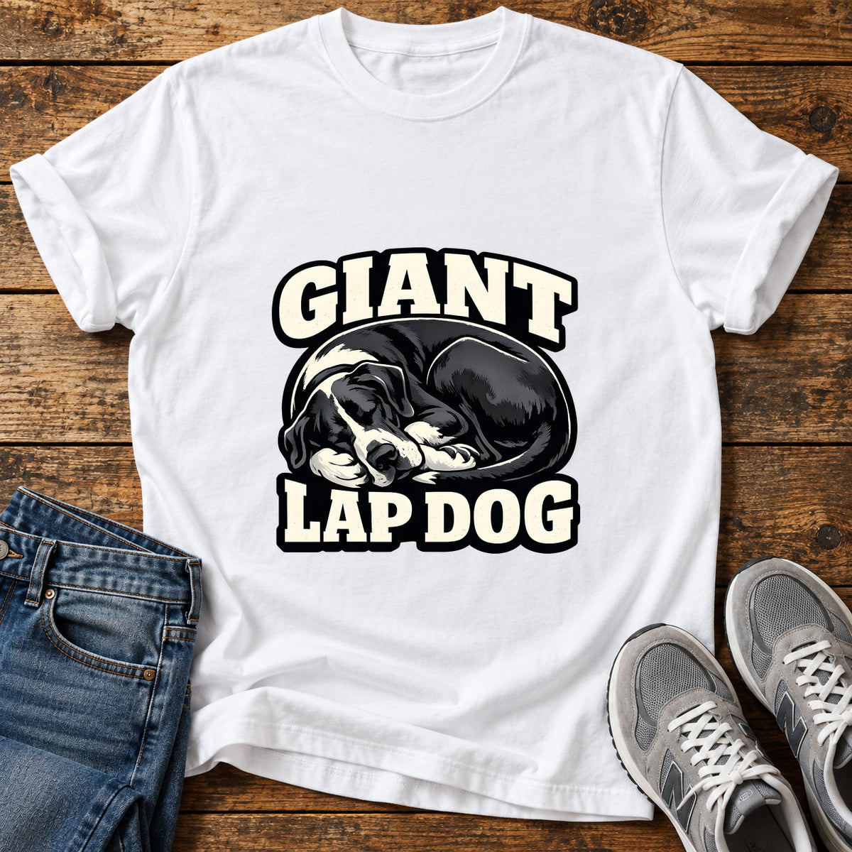 Giant Lap Dog Great Dane graphic T-shirt in White, shown on a flat-lay shirt mockup