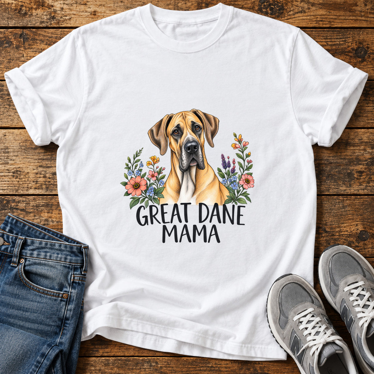 Great Dane Mama graphic T-shirt in White, shown on a flat-lay shirt mockup