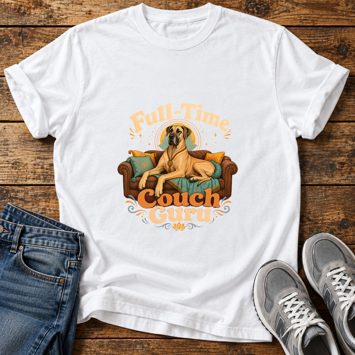 Couch Guru Great Dane graphic T-shirt in White, shown on a flat-lay shirt mockup