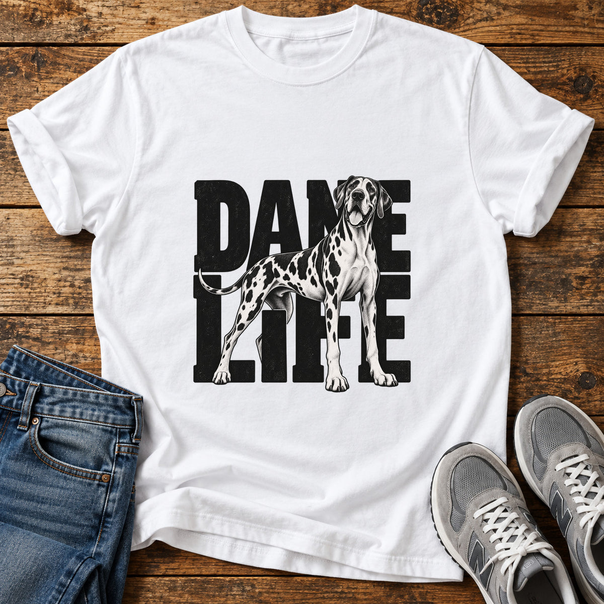 Dane Life Great Dane graphic T-shirt in White, shown on a flat-lay shirt mockup