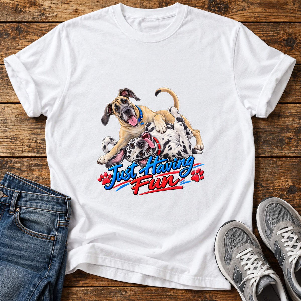 Just Having Fun Great Dane graphic T-shirt in White, shown on a flat-lay shirt mockup