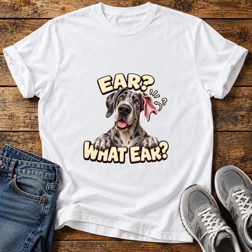 Ear What Ear Great Dane graphic T-shirt in White, shown on a flat-lay shirt mockup