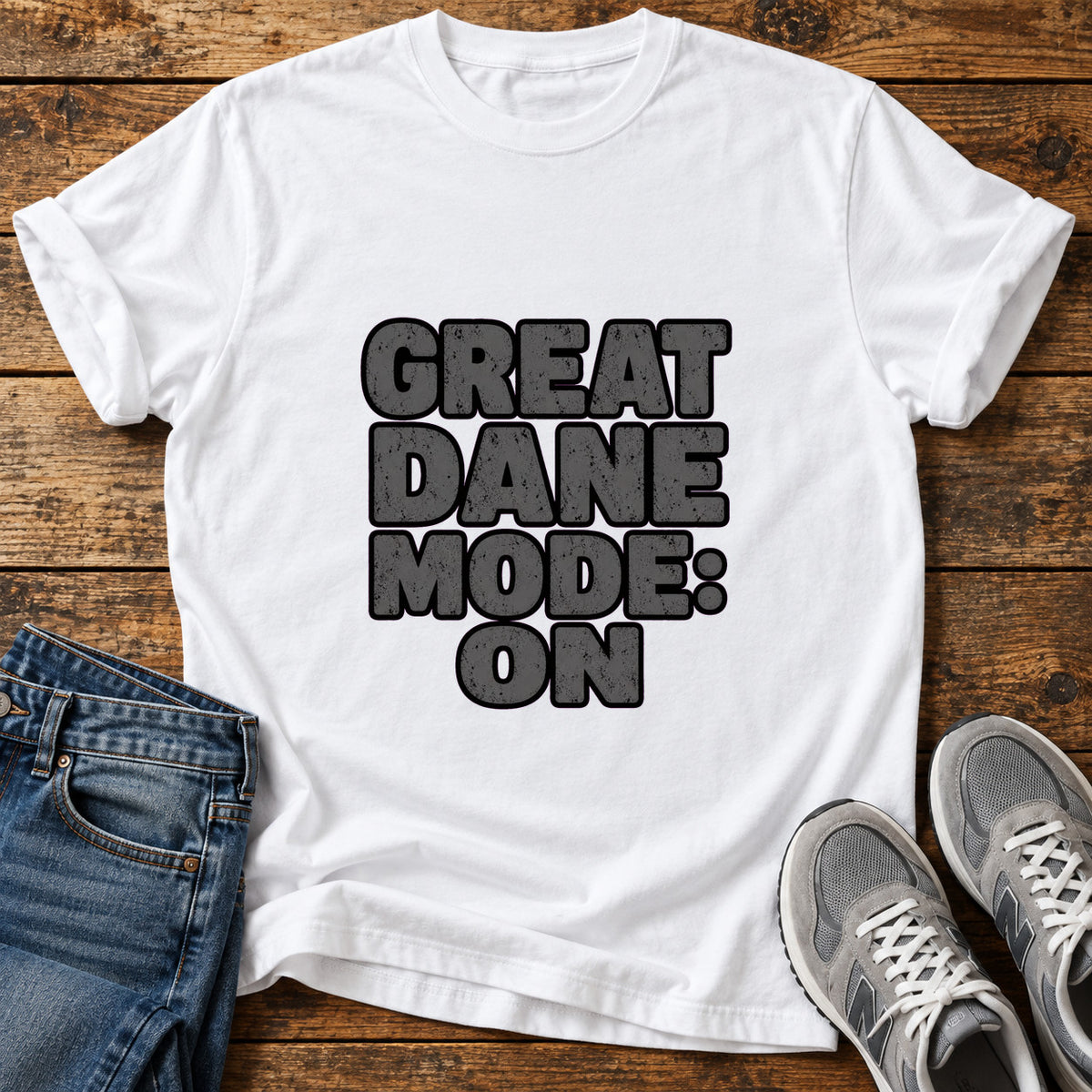 Great Dane Mode graphic T-shirt in White, shown on a flat-lay shirt mockup