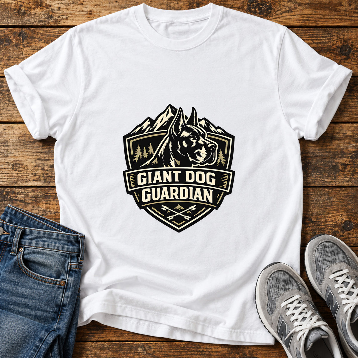 Giant Dog Guardian Great Dane graphic T-shirt in White, shown on a flat-lay shirt mockup