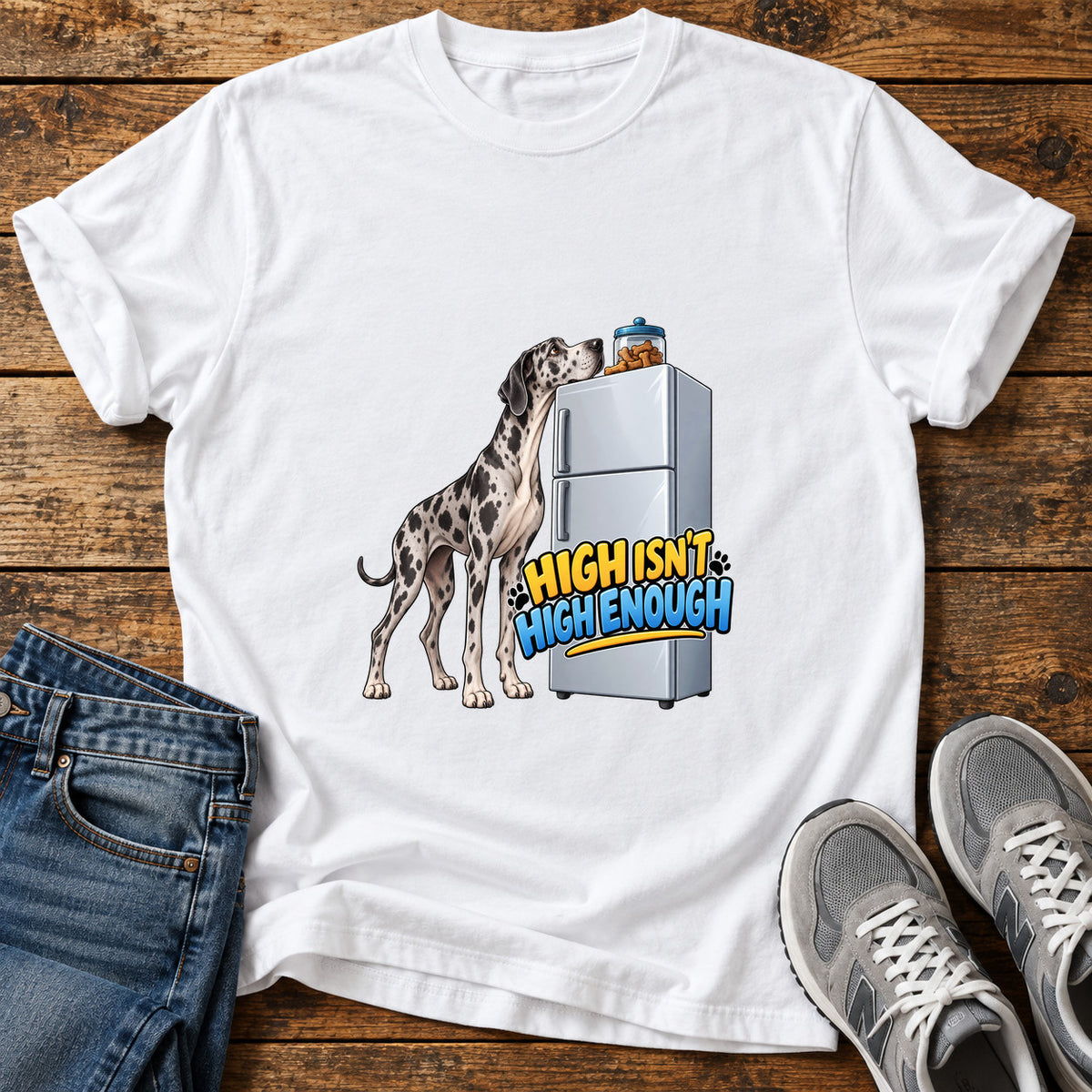 High Isn't Enough Great Dane graphic T-shirt in White, shown on a flat-lay shirt mockup
