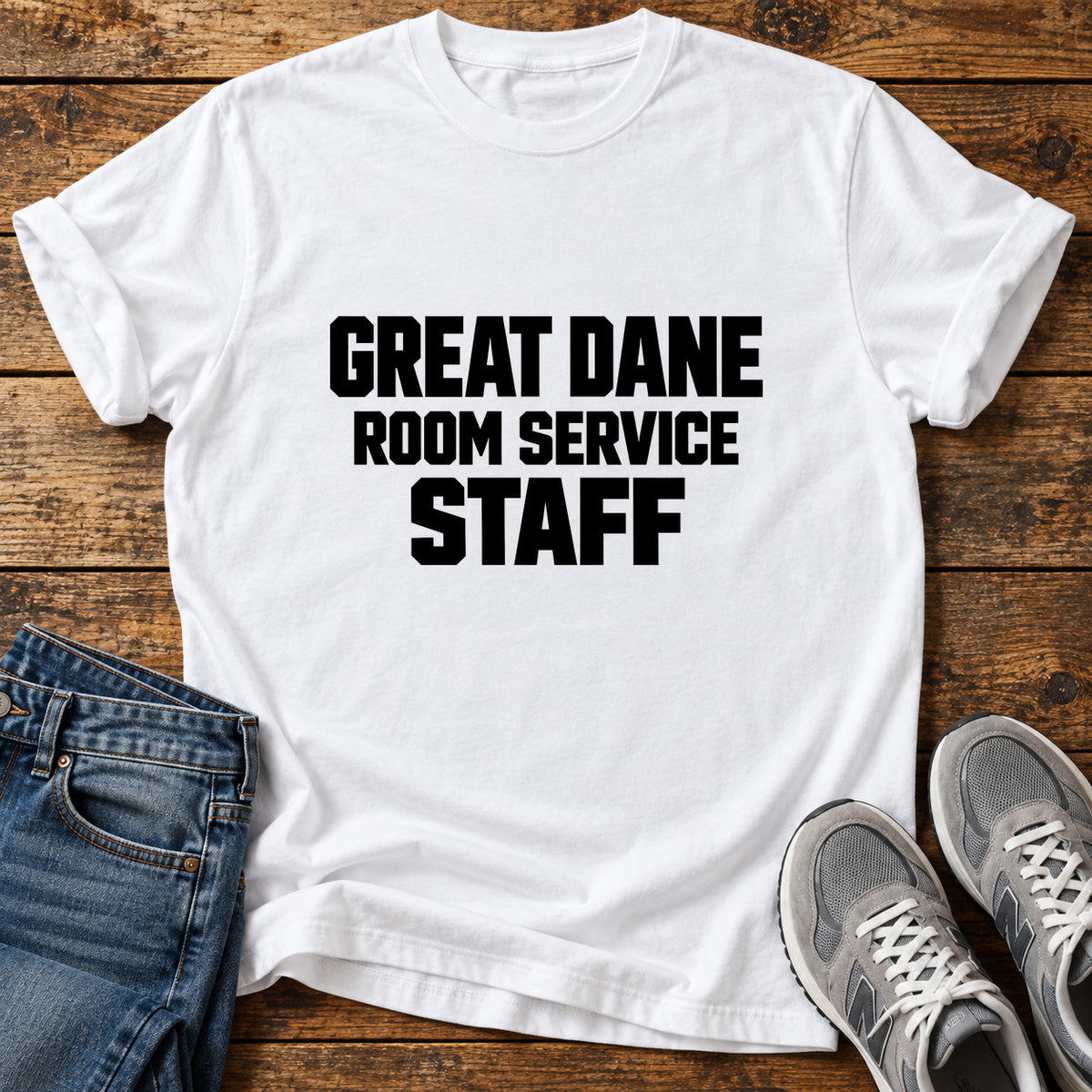 Great Dane Service graphic T-shirt in White, shown on a flat-lay shirt mockup