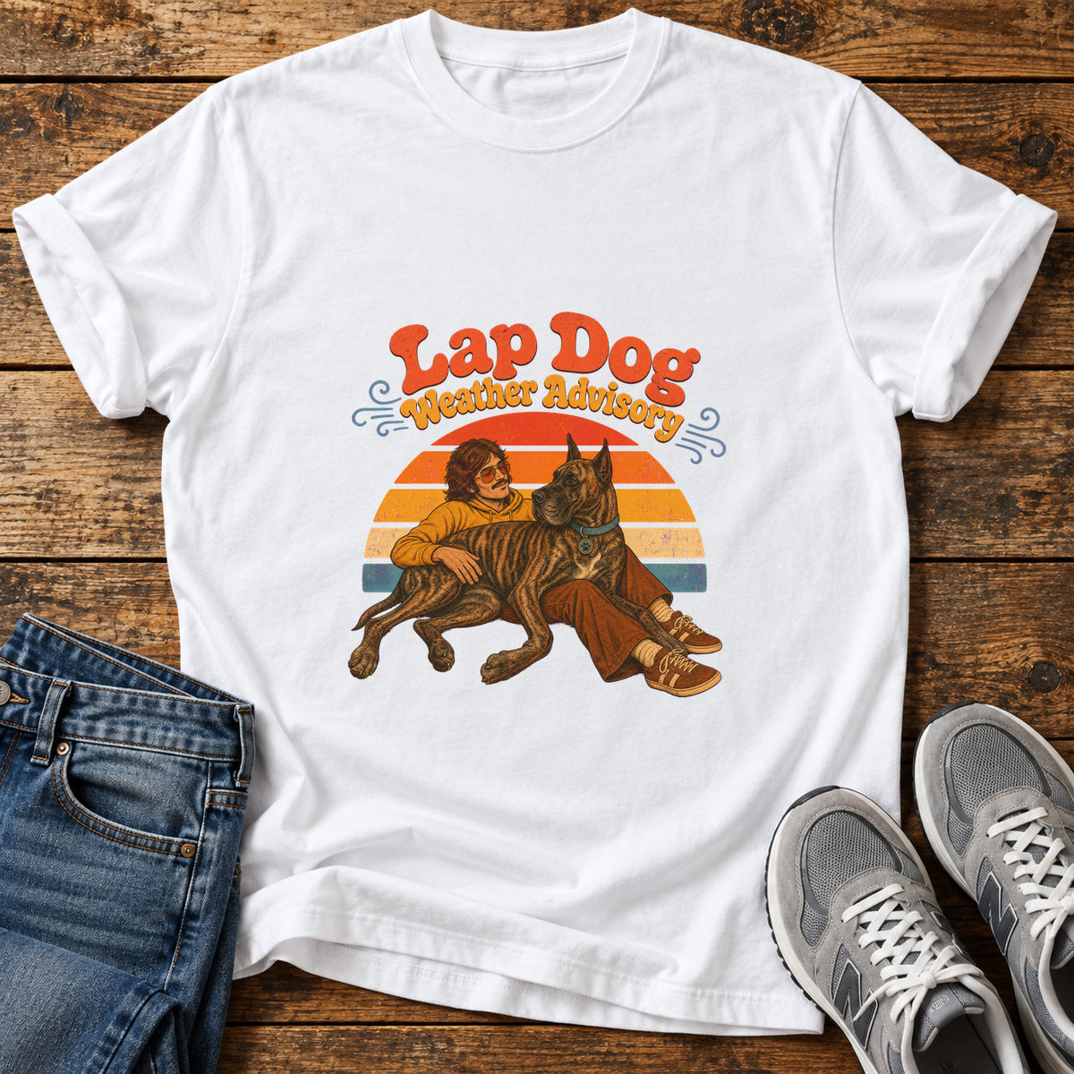 Lap Dog Advisory Great Dane graphic T-shirt in White, shown on a flat-lay shirt mockup