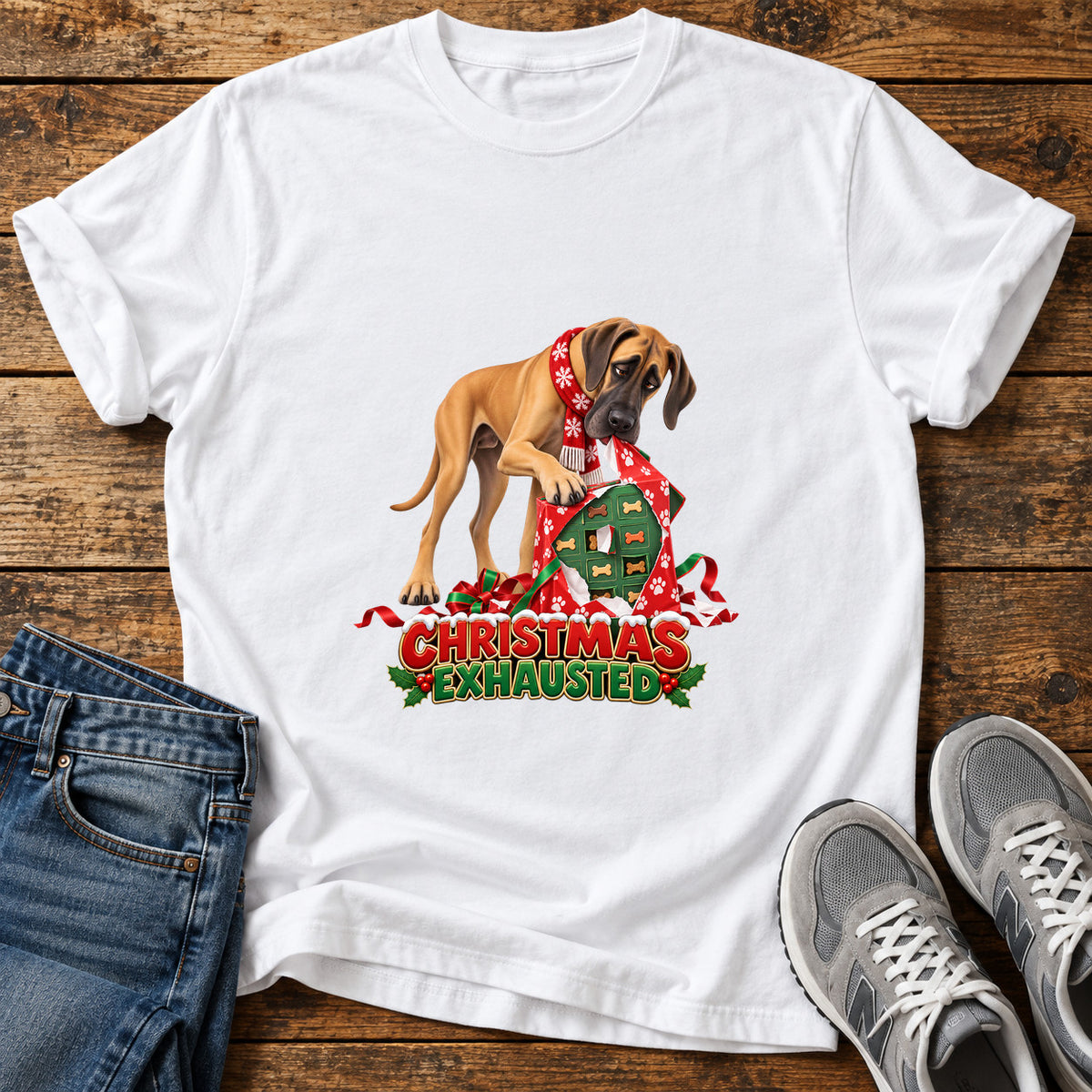 Christmas Exhausted Great Dane graphic T-shirt in White, shown on a flat-lay shirt mockup