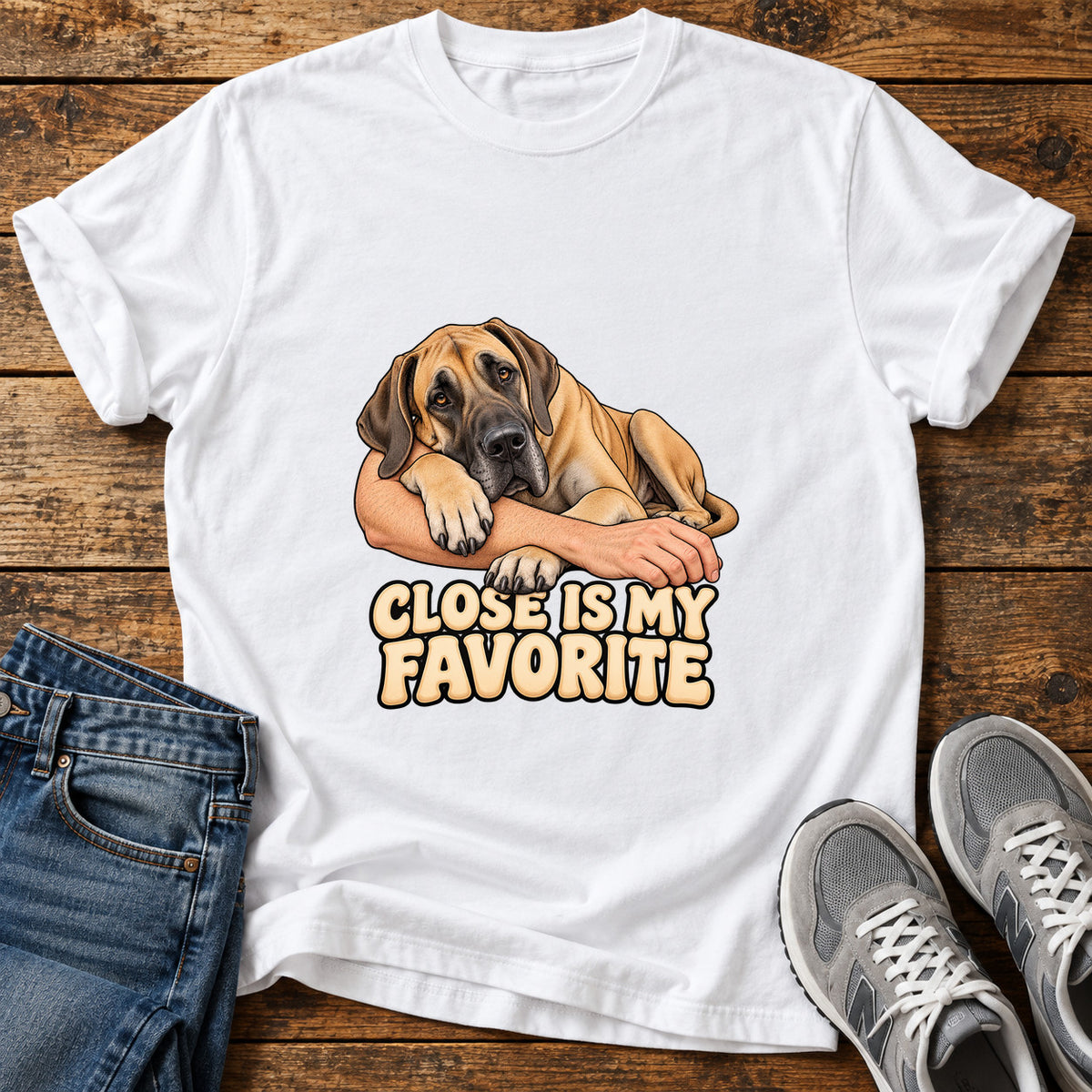 Close Favorite Great Dane graphic T-shirt in White, shown on a flat-lay shirt mockup