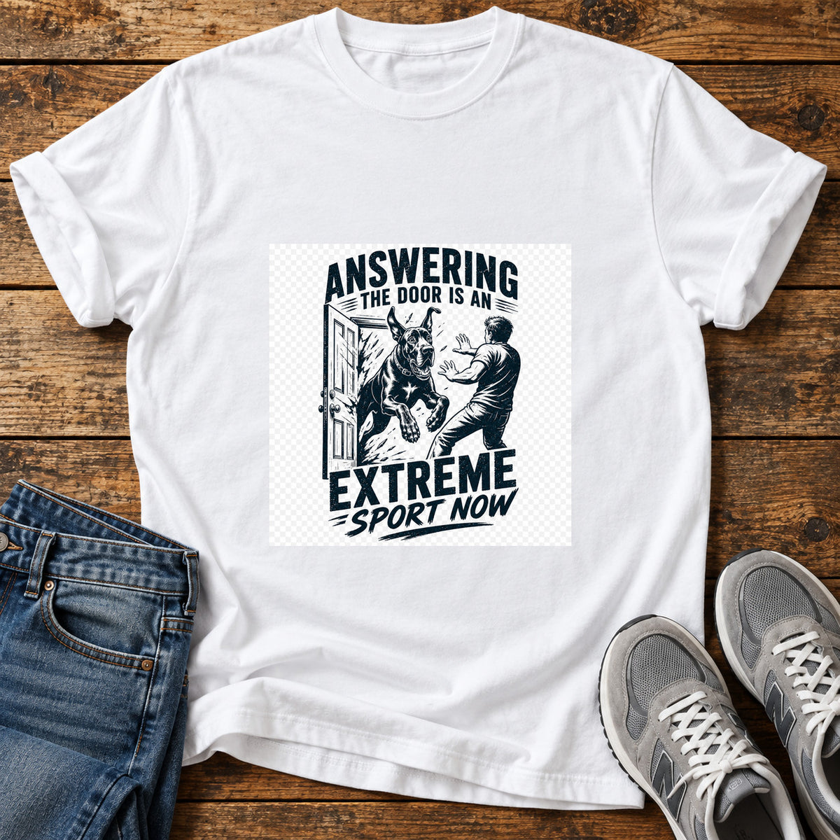 Extreme Sport Now Great Dane graphic T-shirt in White, shown on a flat-lay shirt mockup
