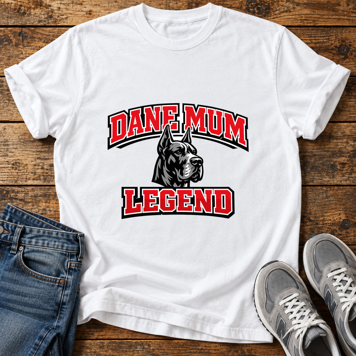 Dane Mum Legend Great Dane graphic T-shirt in White, shown on a flat-lay shirt mockup