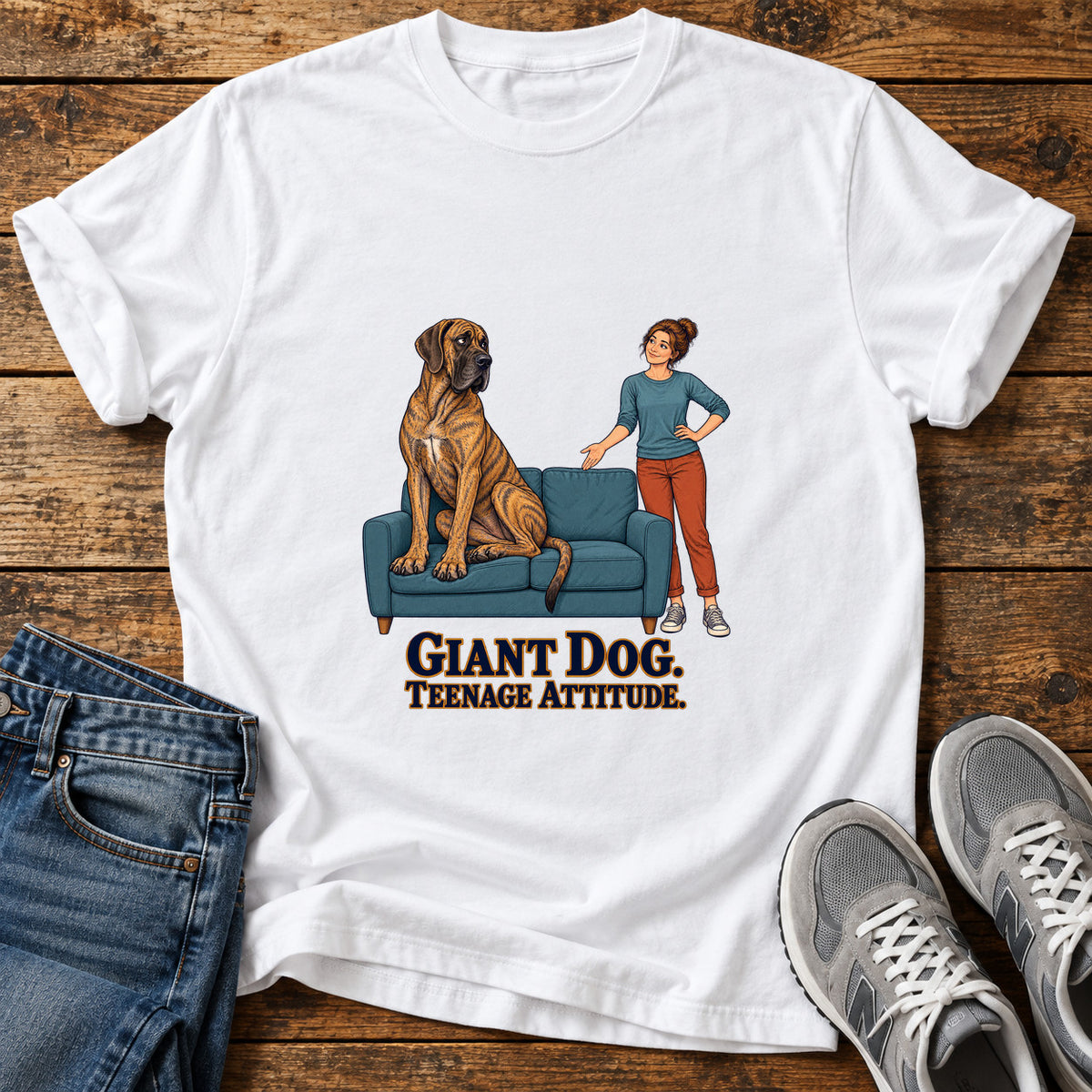 Giant Dog Attitude Great Dane graphic T-shirt in White, shown on a flat-lay shirt mockup