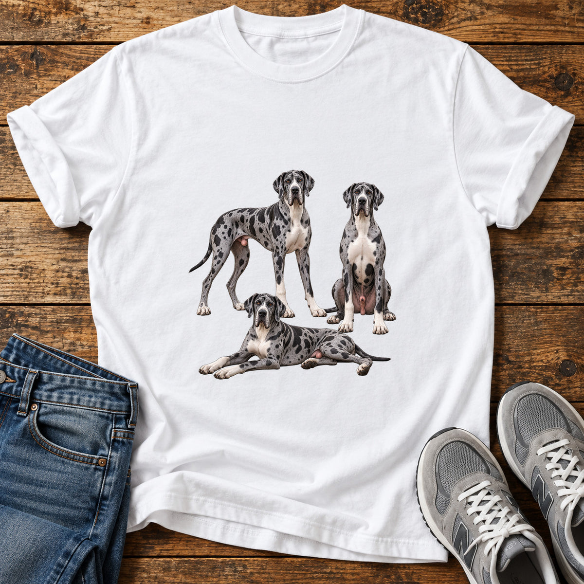 Great Dane Trio graphic T-shirt in White, shown on a flat-lay shirt mockup