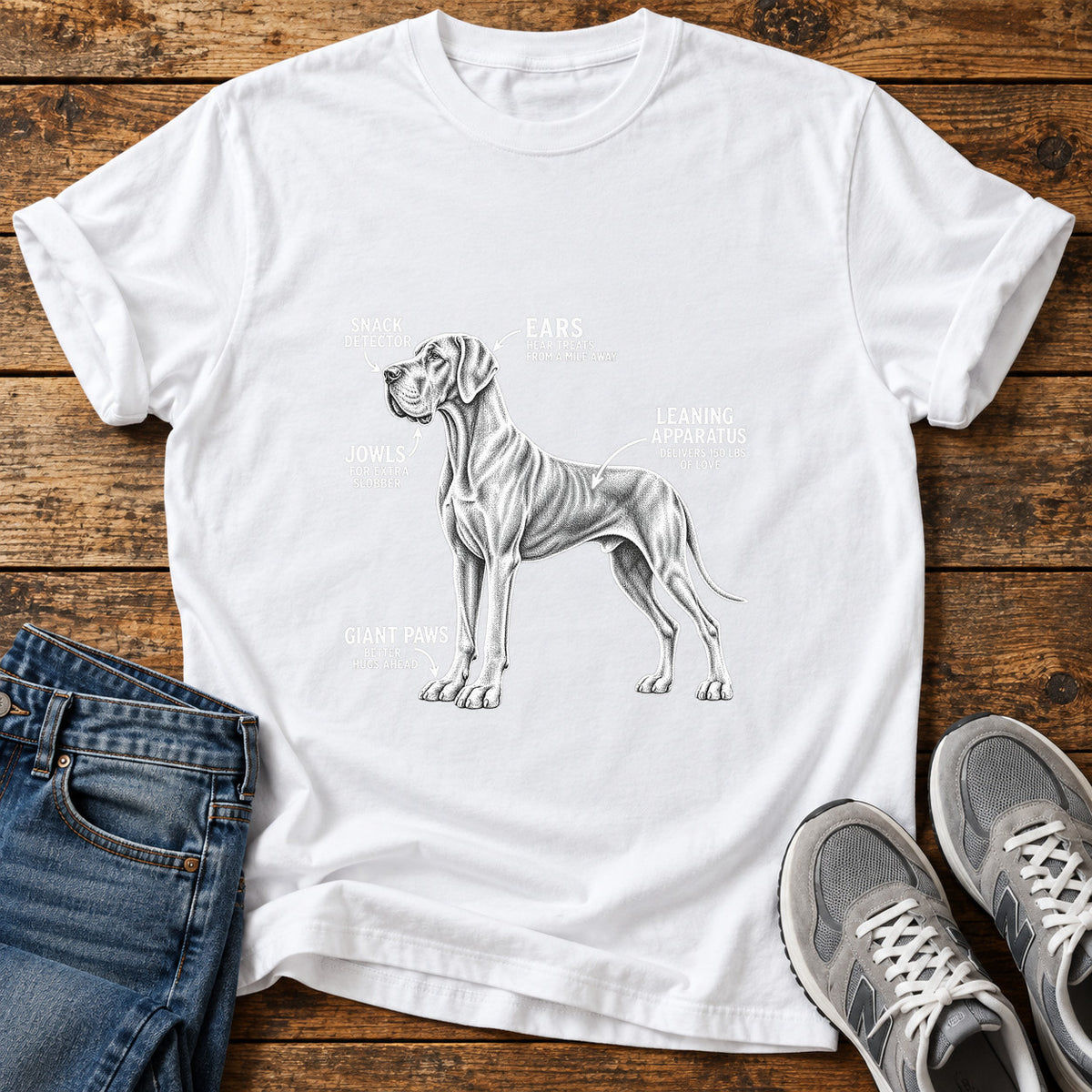 Snack Detector Great Dane graphic T-shirt in White, shown on a flat-lay shirt mockup