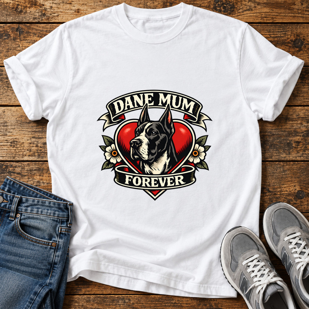 Dane Mum Forever Great Dane graphic T-shirt in White, shown on a flat-lay shirt mockup