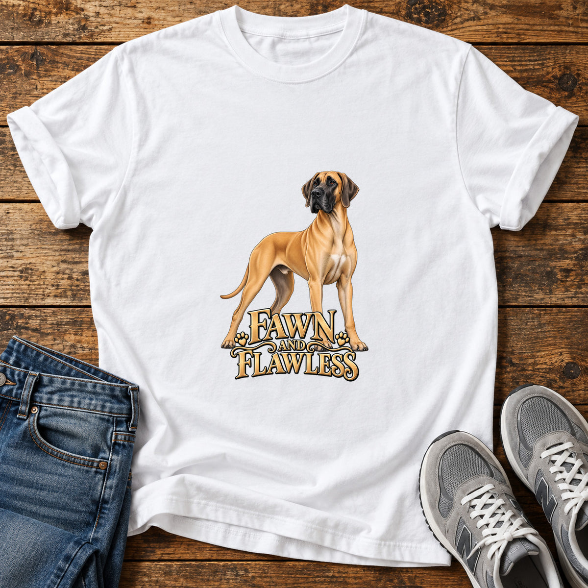 Fawn and Flawless Great Dane graphic T-shirt in White, shown on a flat-lay shirt mockup
