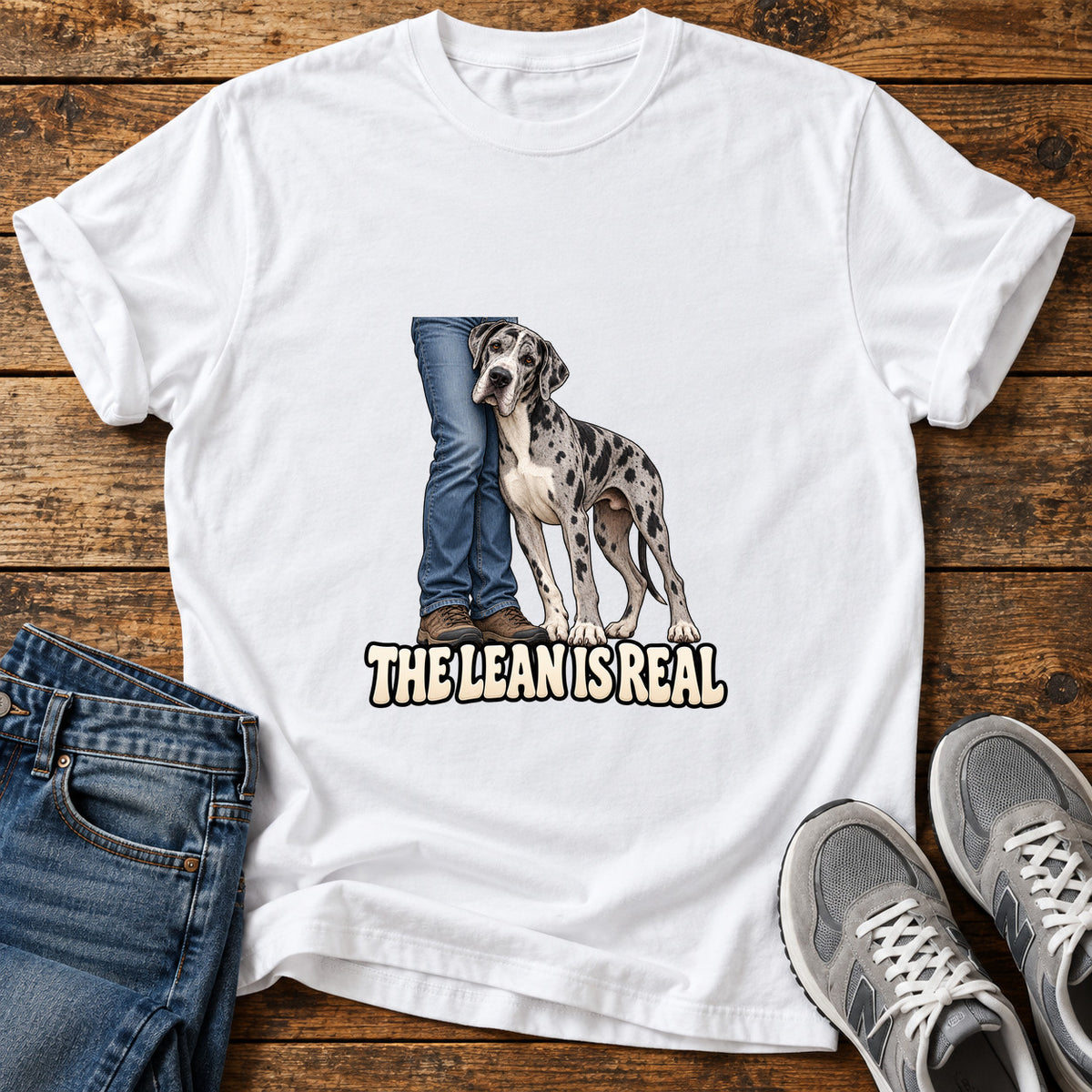 The Lean Great Dane graphic T-shirt in White, shown on a flat-lay shirt mockup