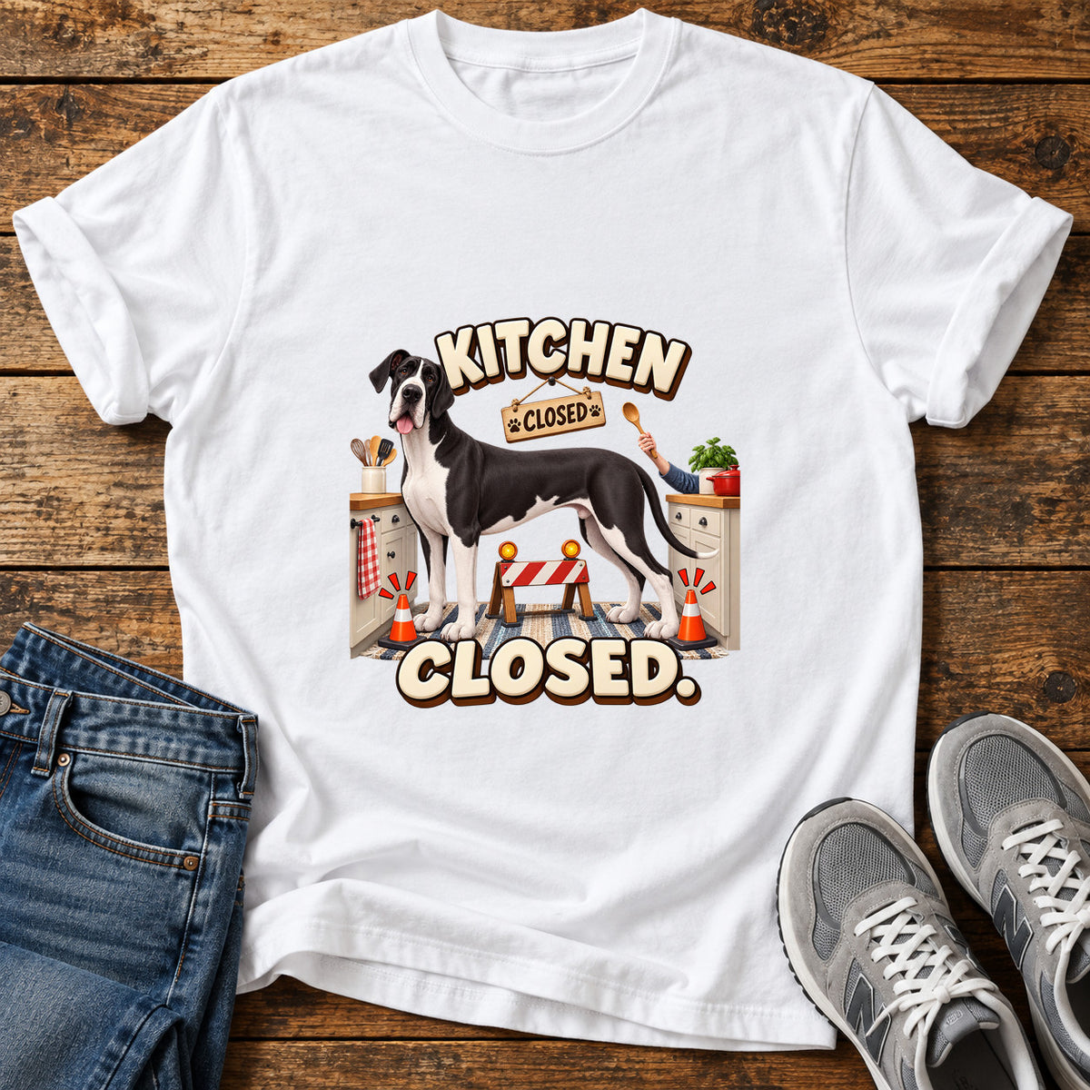 Kitchen Closed Great Dane graphic T-shirt in White, shown on a flat-lay shirt mockup