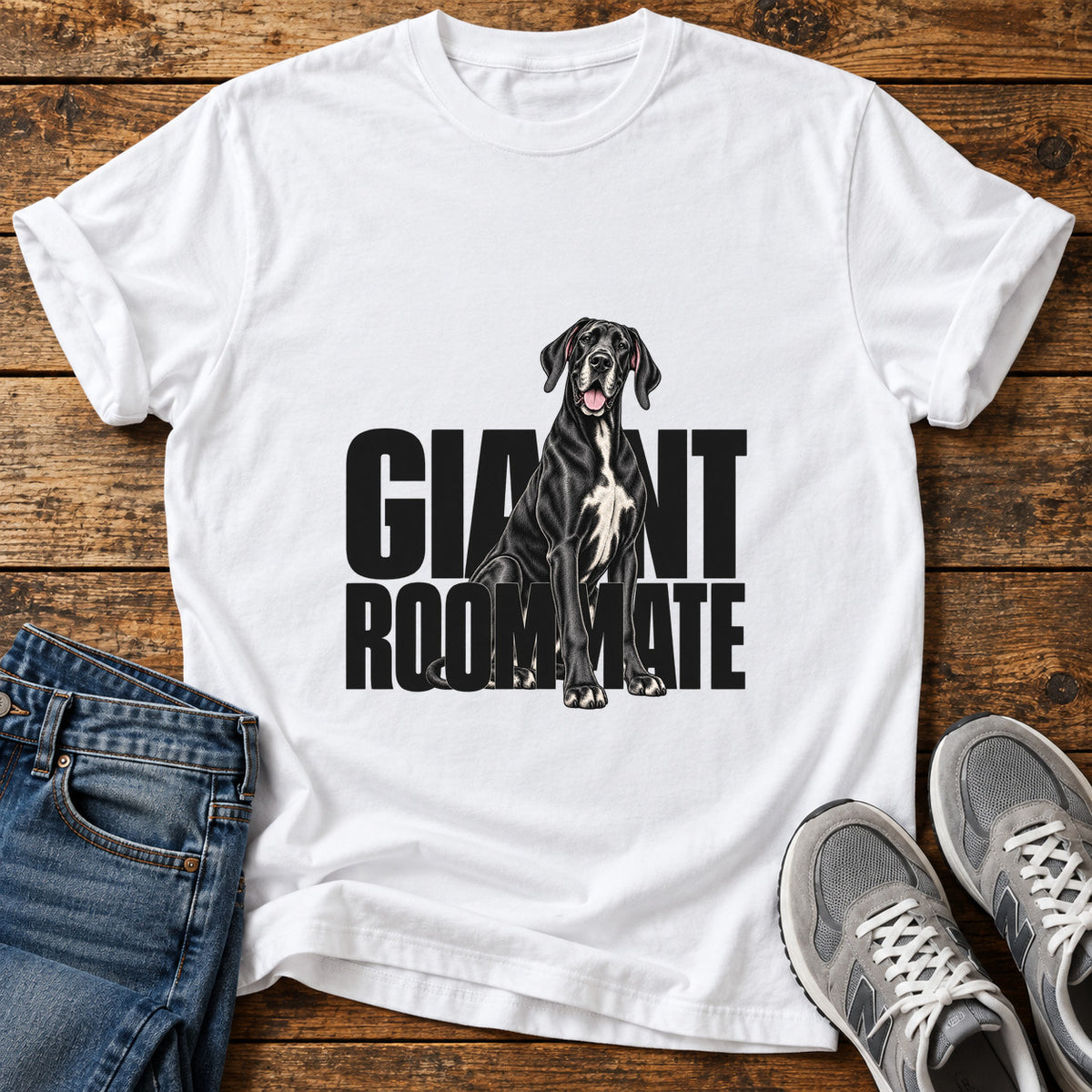 Giant Roommate Great Dane graphic T-shirt in White, shown on a flat-lay shirt mockup