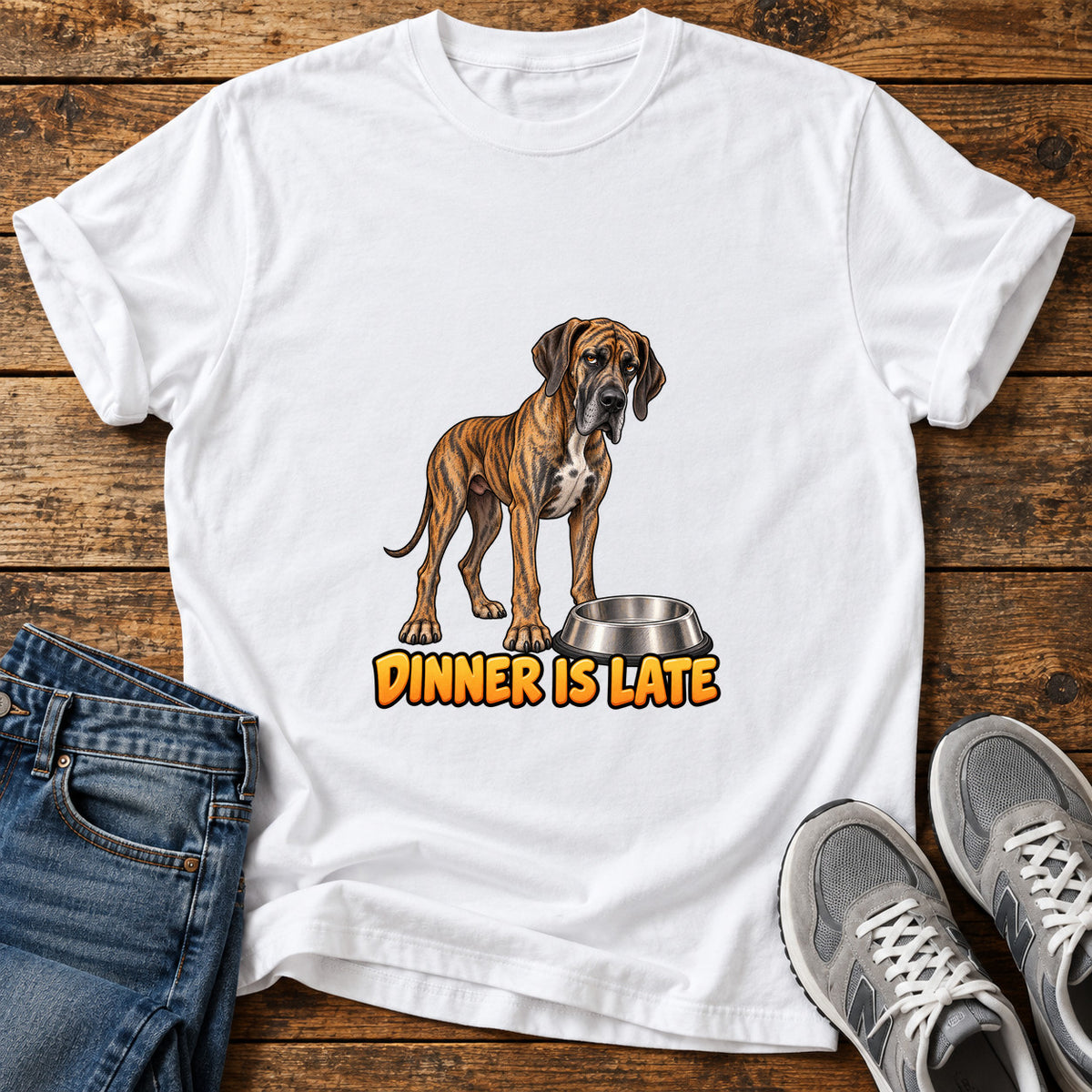 Dinner Is Late Great Dane graphic T-shirt in White, shown on a flat-lay shirt mockup