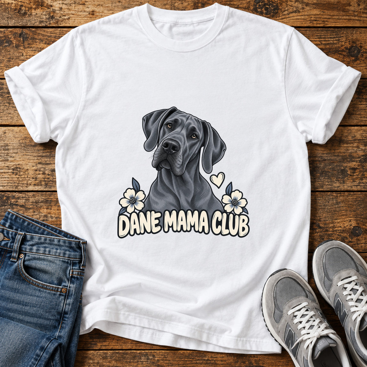 Dane Mama Club Great Dane graphic T-shirt in White, shown on a flat-lay shirt mockup