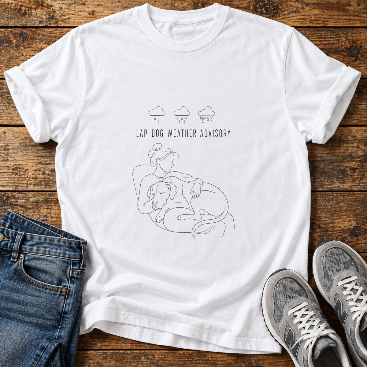 Lap Dog Advisory Great Dane graphic T-shirt in White, shown on a flat-lay shirt mockup