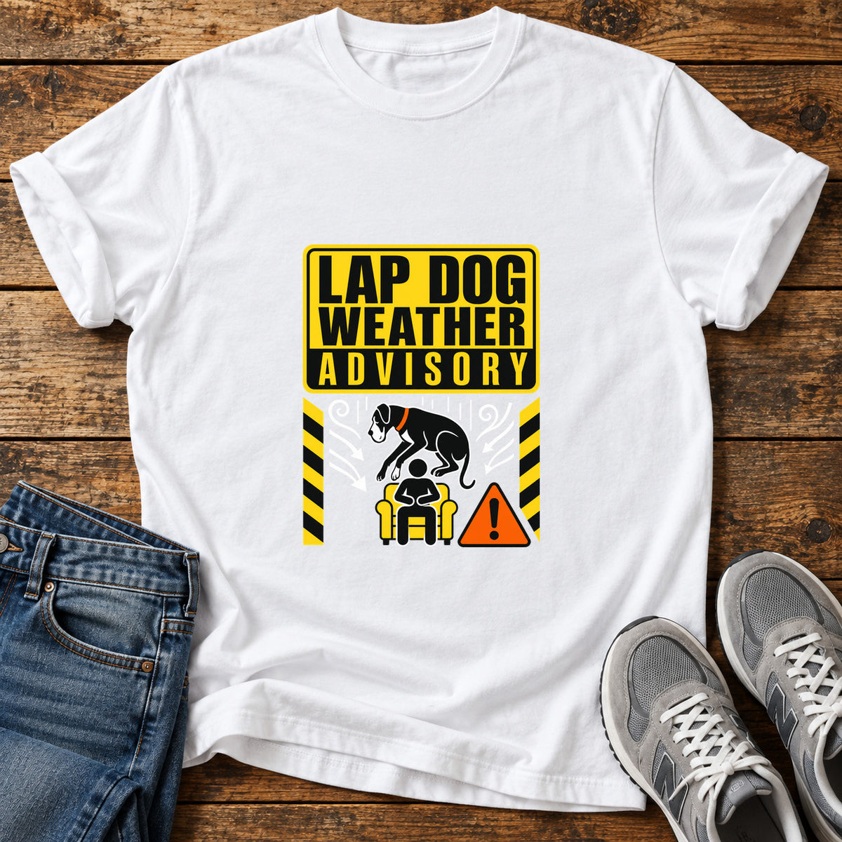 Lap Dog Advisory Great Dane graphic T-shirt in White, shown on a flat-lay shirt mockup