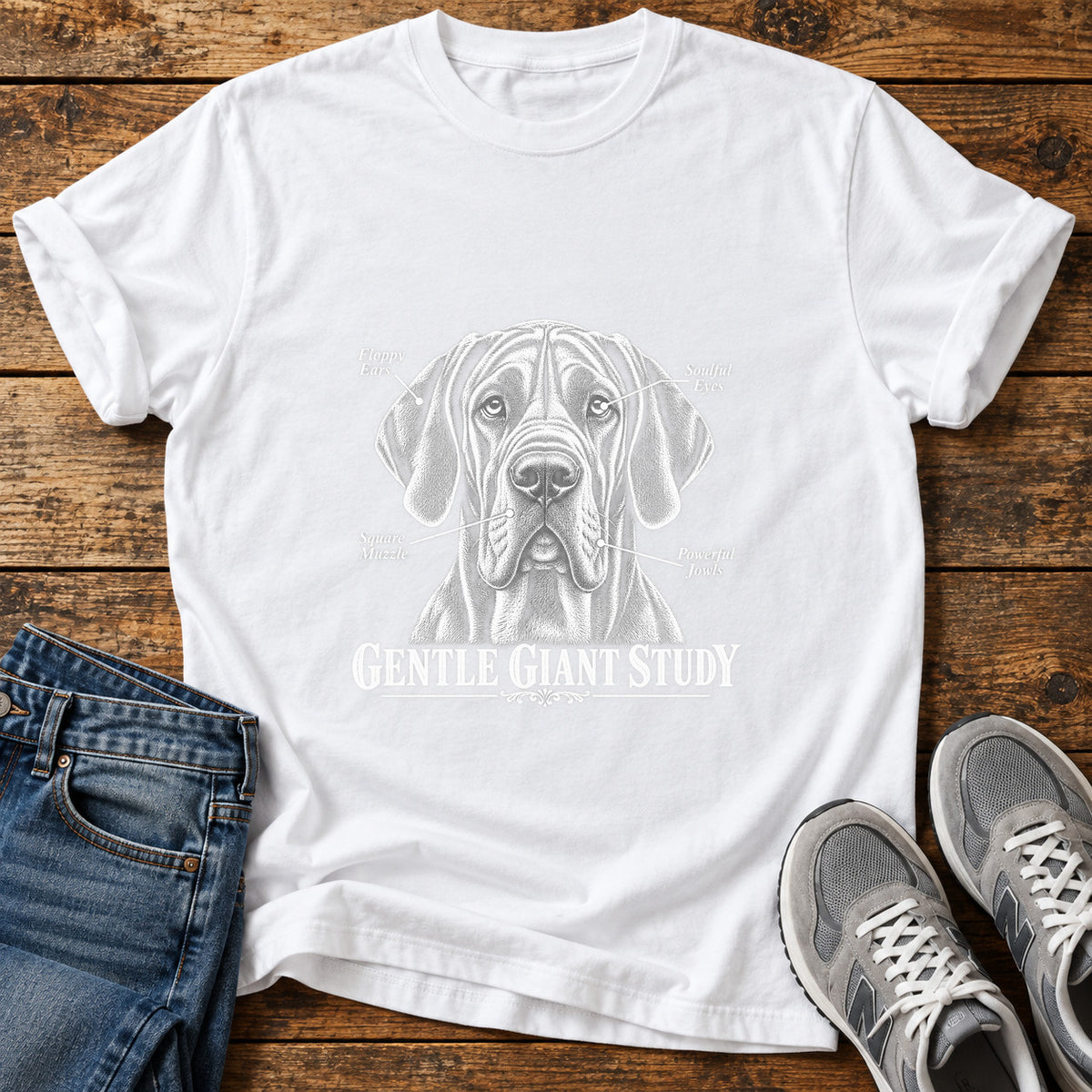 Gentle Giant Study Great Dane graphic T-shirt in White, shown on a flat-lay shirt mockup