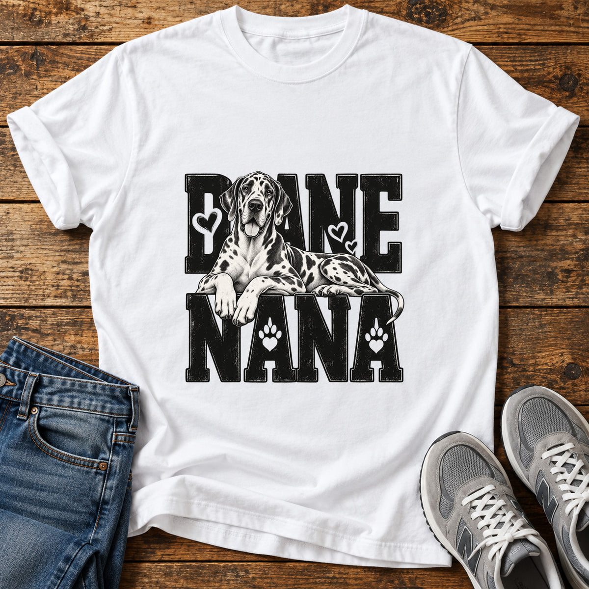 Dane Nana Great Dane graphic T-shirt in White, shown on a flat-lay shirt mockup