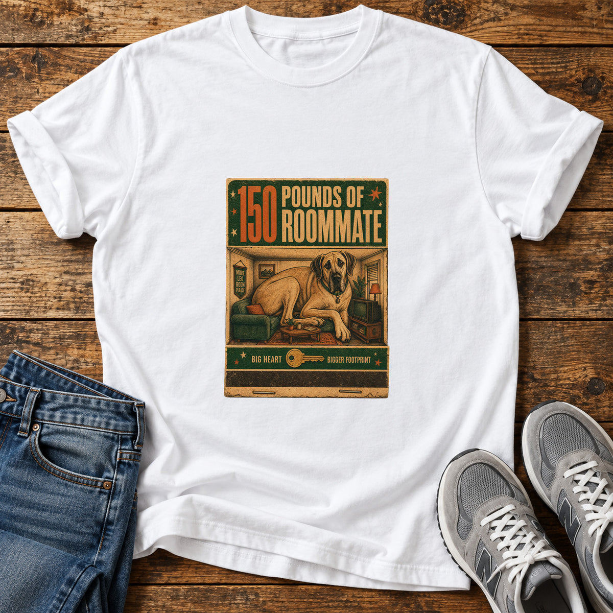 150 Pounds Roommate Great Dane graphic T-shirt in White, shown on a flat-lay shirt mockup