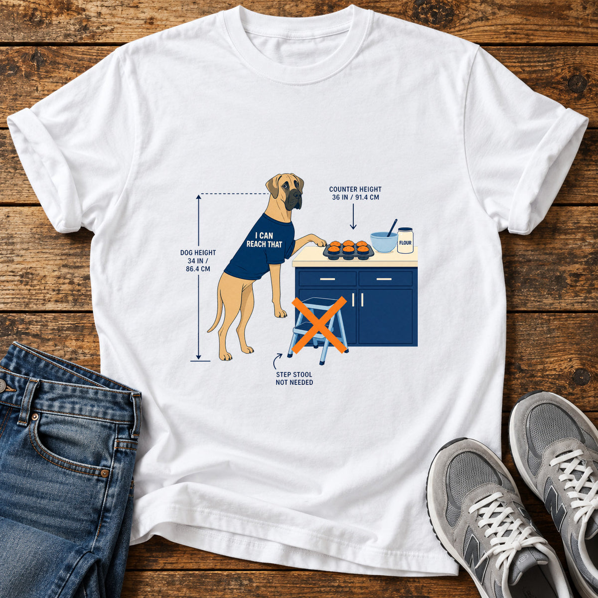 I Can Reach Great Dane graphic T-shirt in White, shown on a flat-lay shirt mockup
