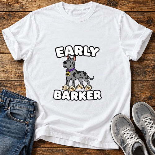 Early Barker Great Dane graphic T-shirt in White, shown on a flat-lay shirt mockup