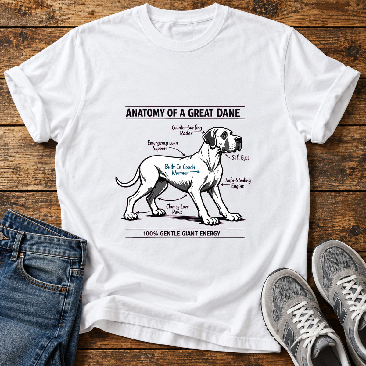 Gentle Giant Energy Great Dane graphic T-shirt in White, shown on a flat-lay shirt mockup