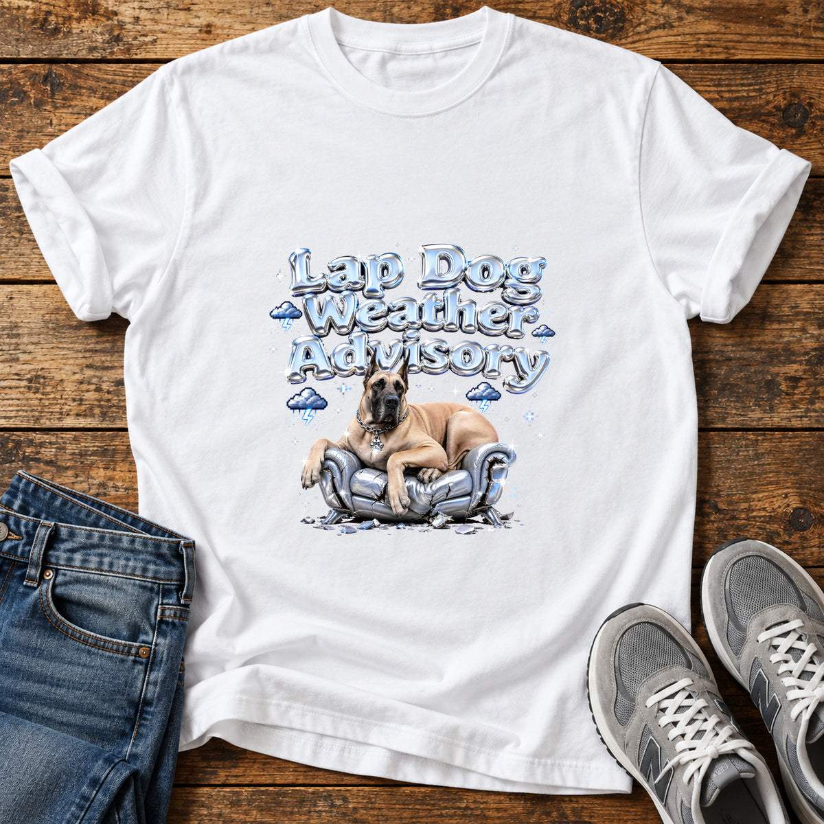 Lap Dog Advisory Great Dane graphic T-shirt in White, shown on a flat-lay shirt mockup