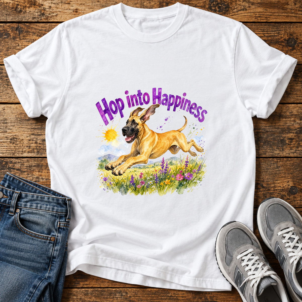 Hop Into Happiness Great Dane graphic T-shirt in White, shown on a flat-lay shirt mockup