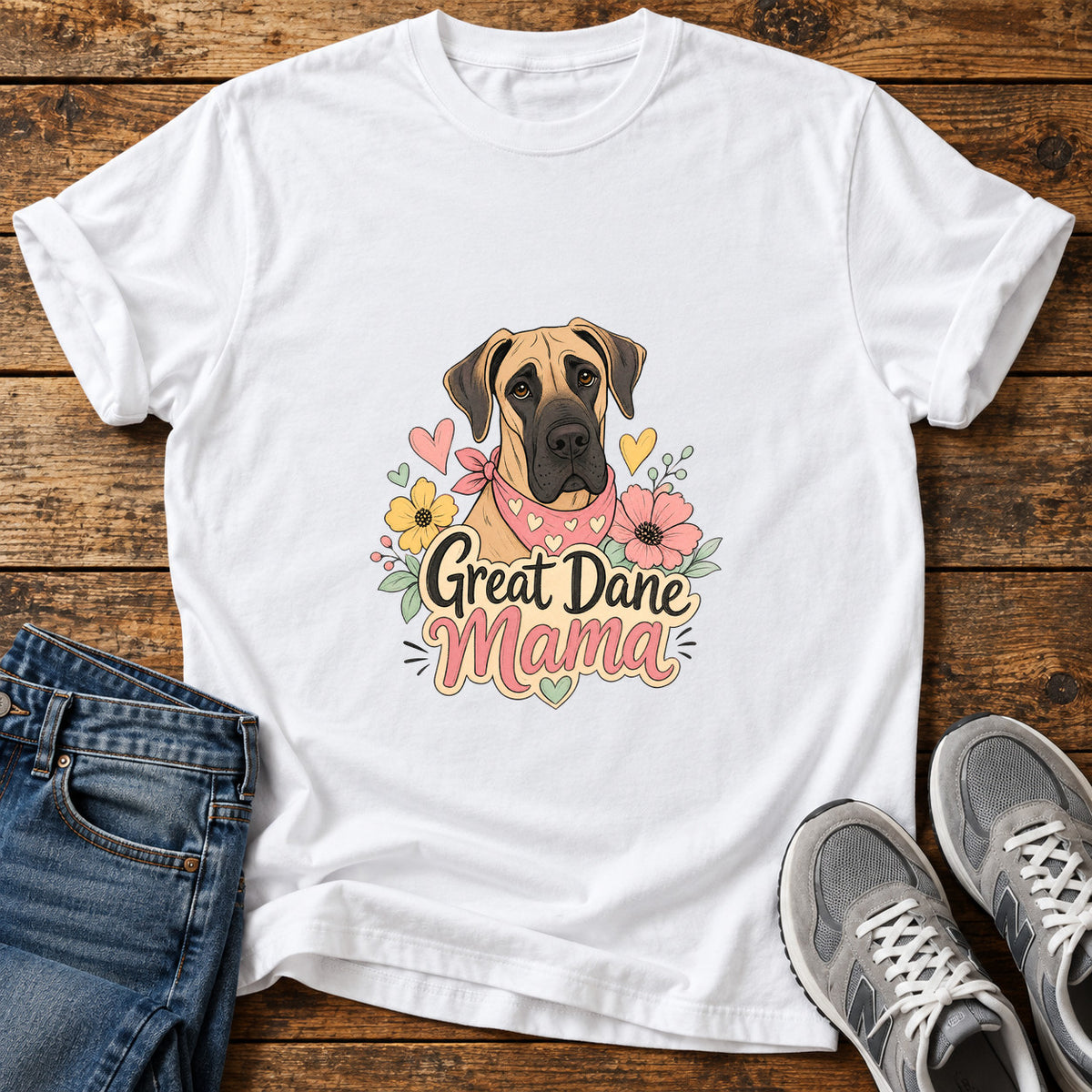 Great Dane Mama graphic T-shirt in White, shown on a flat-lay shirt mockup