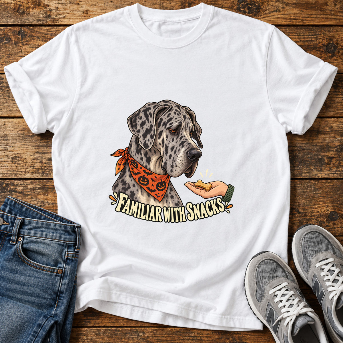 Familiar Snacks Great Dane graphic T-shirt in White, shown on a flat-lay shirt mockup