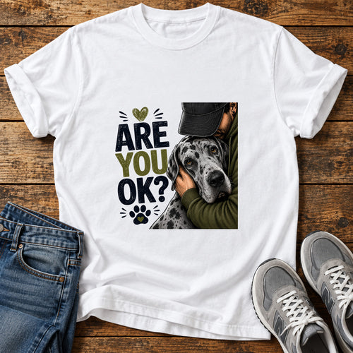 Are You OK Great Dane graphic T-shirt in White, shown on a flat-lay shirt mockup
