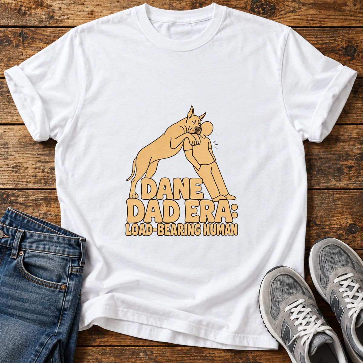 Dane Dad Era Great Dane graphic T-shirt in White, shown on a flat-lay shirt mockup